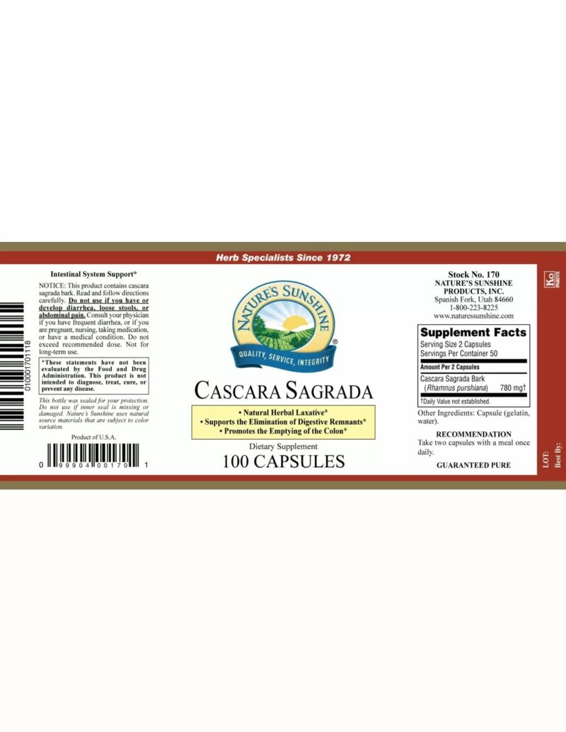 Cascara sagrada 100 capsulas natures sunshine