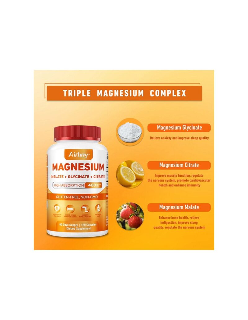 Magnesio Airboy 400 mg 120 caps – Malato, Glicinato y Citrato en una Fórmula Avanzada